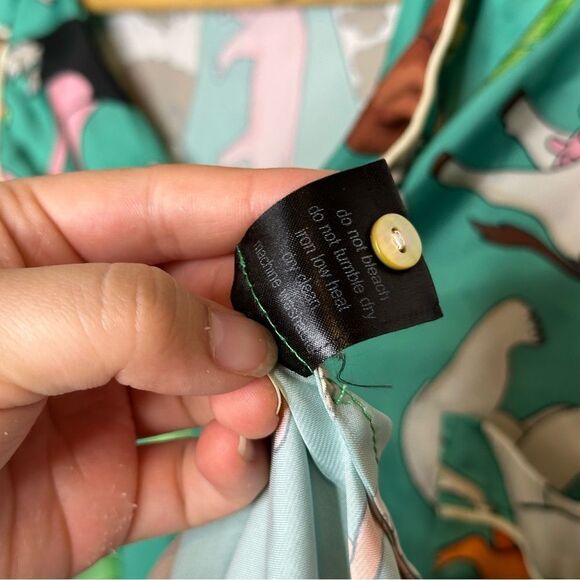 Karen Mabon Turquoise Animal Novelty Print Button Down Pj Top Sz L Boho Indie - Picture 8 of 8